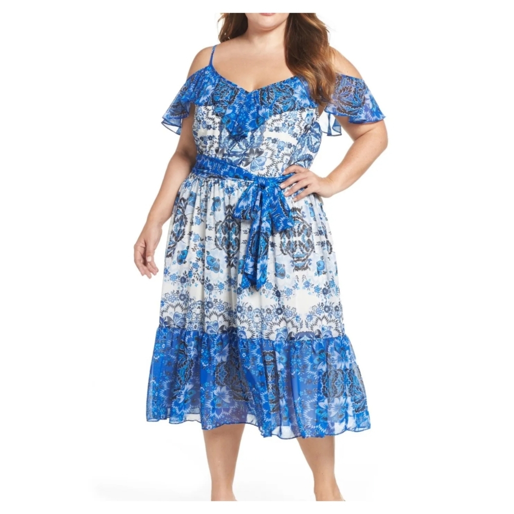Eliza J Ruffle Floral Ruffle Dress Womens 16 NEW Cold Shoulder Blue Chiffon